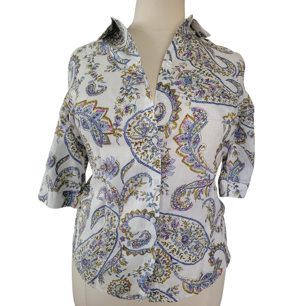 Chicos No-Iron Paisley Button Down Shirt White Blue Purple Size 2 Large